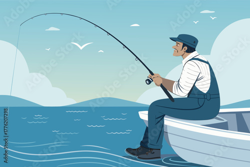 Solitary man, edge of weathered boat, casting fishing rod, calm water, serene dawn light, hopeful angler, peaceful solitude, gentle ripples.