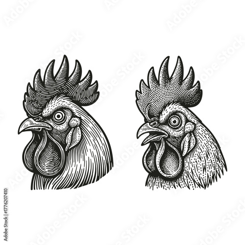 Chicken, Hen, Rooster vector illustration, isolated black and white art