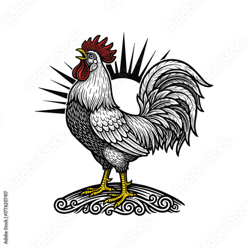 Chicken, Hen, Rooster vector illustration, isolated black and white art