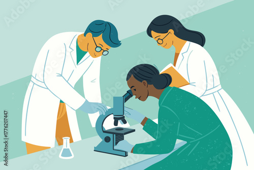 Professional medical research team examining intricate microscopic sample detail on advanced laboratory microscope, illuminated for scientific discovery and analysis.
