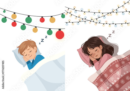 Children sleeping peacefully under cozy blankets with festive string lights, bedtime rest, holiday atmosphere, cute kids illustration, night comfort vector art