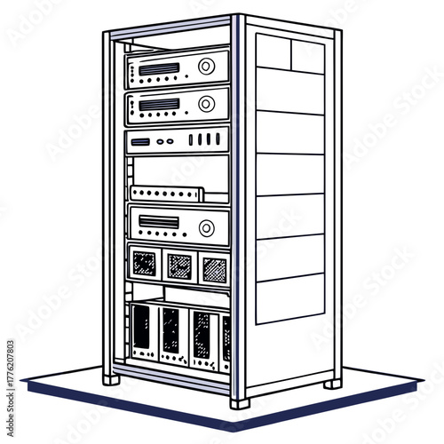 A detailed line drawing illustration of a server rack filled with various electronic equipment and components