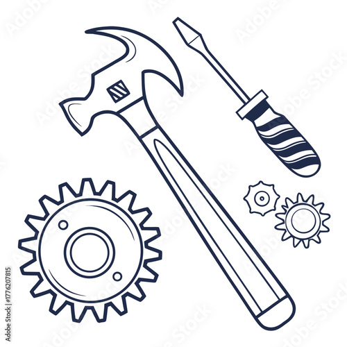 A simple line art illustration of a claw hammer a screwdriver and gears on a white background