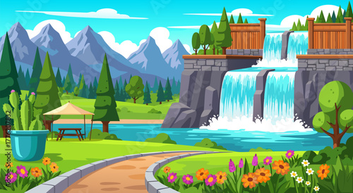 Vibrant cartoon landscape with majestic waterfalls cascading into a tranquil river, surrounded by lush green meadows, towering mountains, and colorful wildflowers under a clear sky