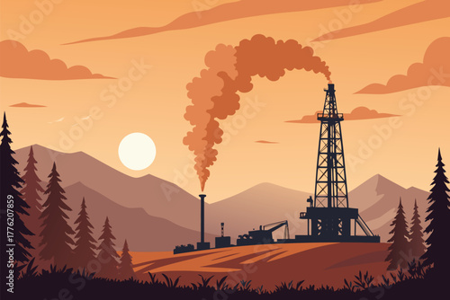 Oil drilling site flares into the night sky.