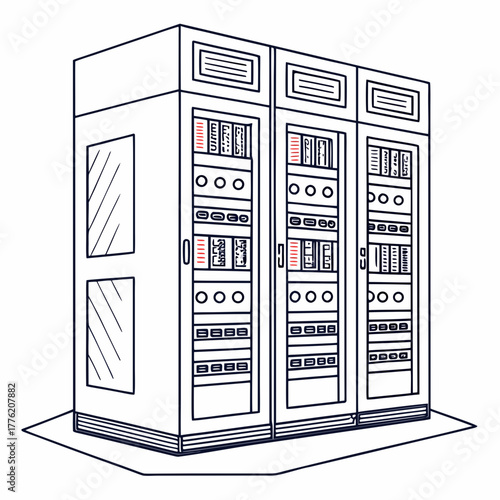 Clean line art illustration of a modern server rack cabinet with multiple modules and ventilation slots on a white background