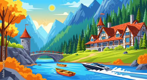 Vibrant Landscape Illustration of a Majestic Mountain Lodge with Boats on a River