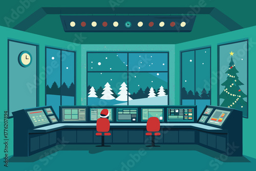 North Pole control room monitors Christmas deli operations.