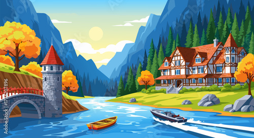 Serene Mountain Lake Landscape with Boathouse, Tower, and Boat, Embraced by Autumnal Trees