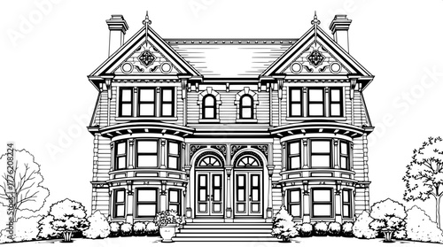 Victorian Twin House — A detailed black and white line art depiction of a symmetrical Victorian duplex with ornate gables, twin chimneys, and mirrored bay windows; the high-contrast lighting emphasize