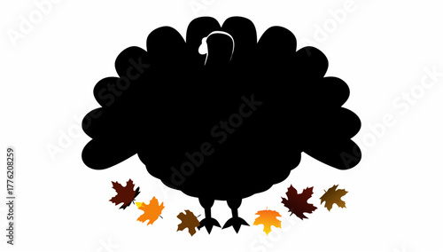 Silhouette of a turkey with a large tail surrounded by colorful autumn leaves on a white background view