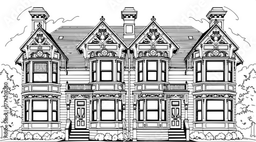 Victorian Twin House — A detailed black and white line art depiction of a symmetrical Victorian duplex with ornate gables, twin chimneys, and mirrored bay windows; the high-contrast lighting emphasize