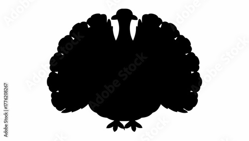 Silhouette of a turkey with its feathers fanned out in a display against a plain white background view