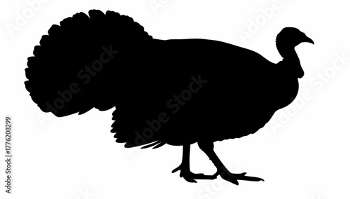 Silhouette of a turkey standing with its tail feathers displayed in a side profile on a white background