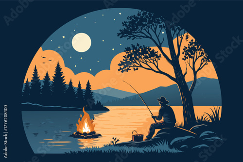 Serene night fishing campfire beside a tranquil, flat, clean lake, casting warm glow on surrounding wilderness, reflections.