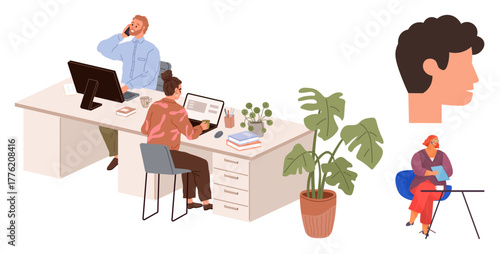 Two professionals collaborating at desks with computers and books large plant nearby. Nearby, a woman seated and focused on a tablet. Ideal for teamwork, work-life balance, coworking, digital tools