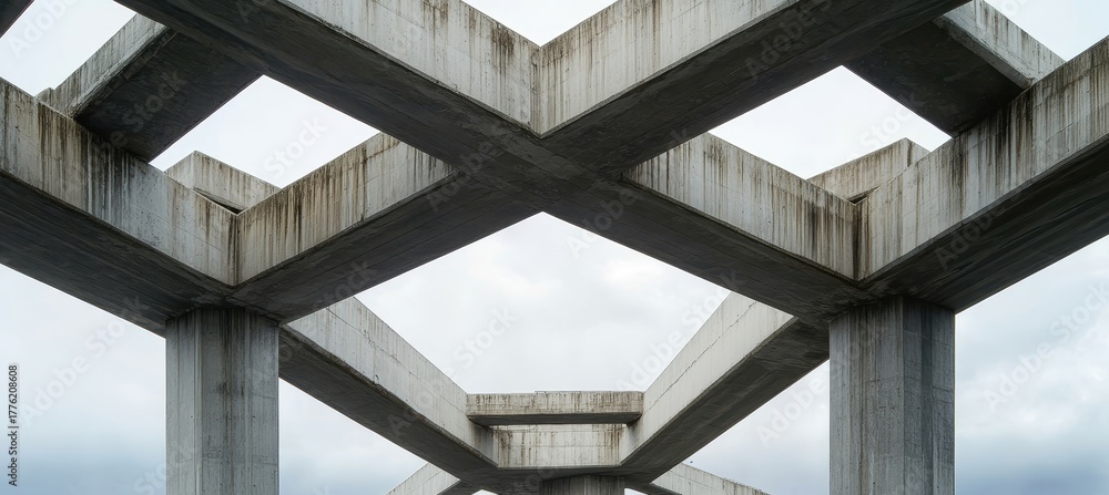 Fototapeta premium Impressive Architectural Marvel Concrete Beams Form Intricate Geometric Patterns in Urban Space.