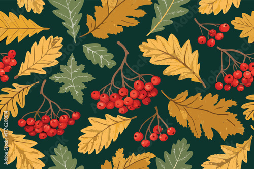 Seamless pattern of rowan berries and oak leaves in autumn colors.