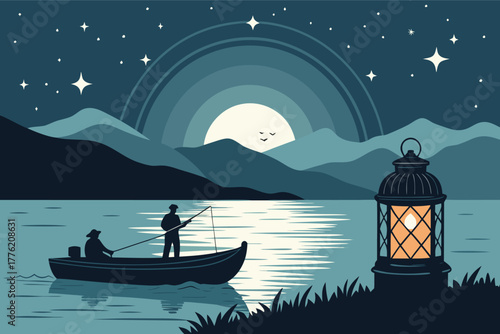 Tranquil night fishing, boat with glowing lantern, serene water, peaceful atmosphere, moonlit sky, gentle ripples.