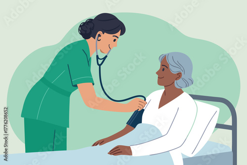 Nurse meticulously monitors patient vital signs, blood pressure cuff snug, hospital ward setting, promoting health, healthcare, wellness.