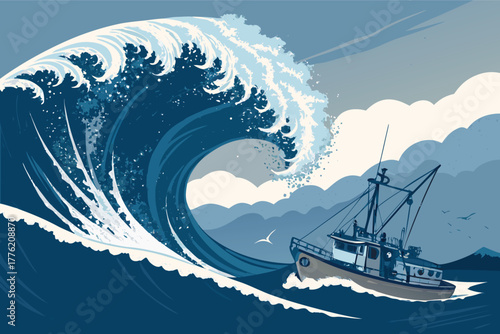 Majestic ocean wave crashing over a rugged fishing boat, tempestuous sea, dramatic splash, windblown, stormy weather, cinematic realism, high detail.