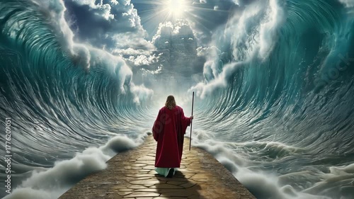 Moses walking along a dry path as towering walls of the parted Red Sea rise on both sides, dramatic biblical scene