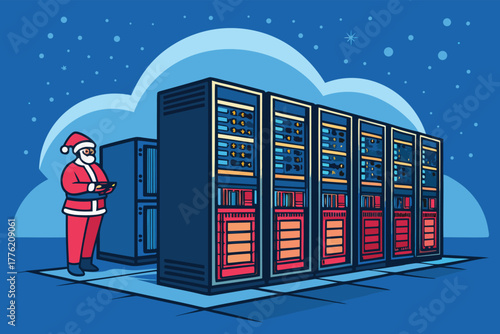 Santa's workshop server room with cloud delivery management.