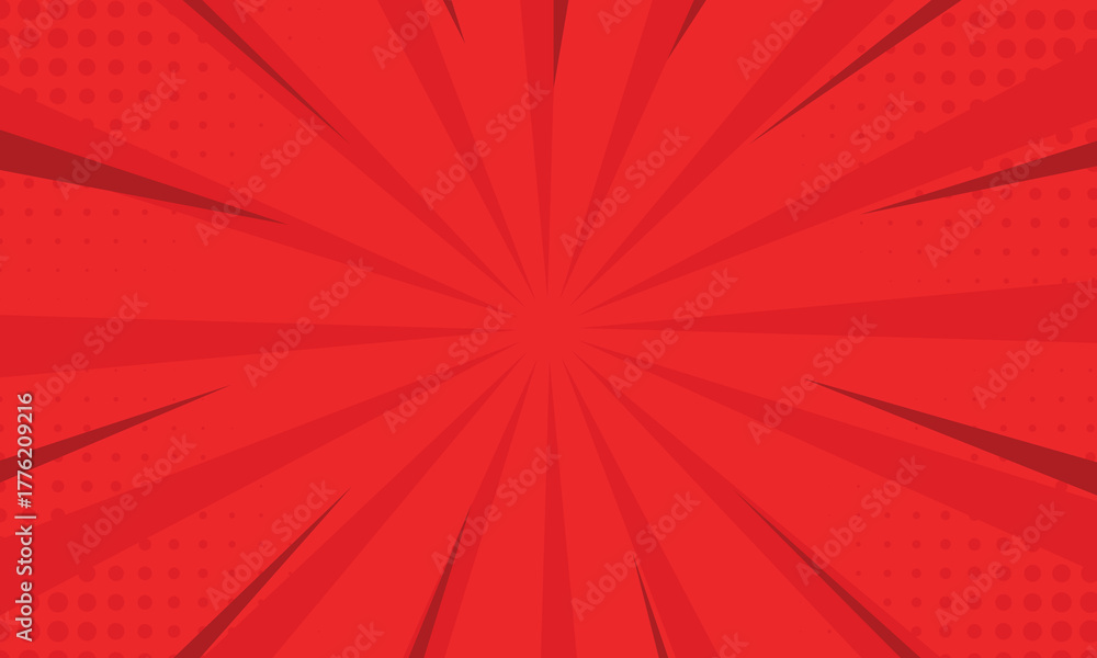 Fototapeta premium Vibrant red comic background with radial rays and halftone dots bursting from the center, creating a dynamic pop art effect. Ideal for posters, banners, comics, or energetic graphic designs.