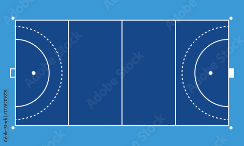 Minimal blue vector illustration of a hockey field layout with white lines, goals, and semicircles, representing sport strategy, competition, training, and athletic game design in flat style.