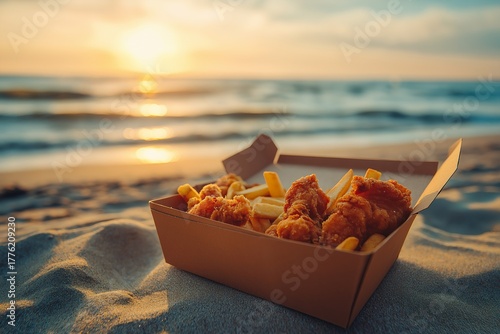 Crispy chicken and chips on sandy beach