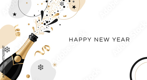 Champagne bottle exploding with confetti for Happy New Year celebration  