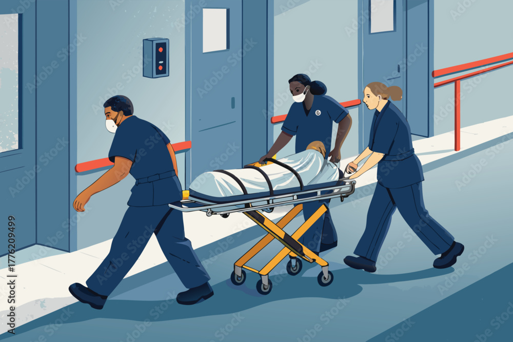 Obraz premium Paramedic team urgently pushing stretcher inside a modern, well-lit emergency room, conveying critical care, medical urgency, and rescue.