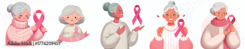 vector of a grandmother holding a pink ribbon