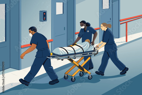 Paramedic team urgently pushing stretcher inside a modern, well-lit emergency room, conveying critical care, medical urgency, and rescue.