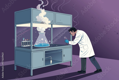 Scientist observing a bubbling chemical reaction in a beaker.