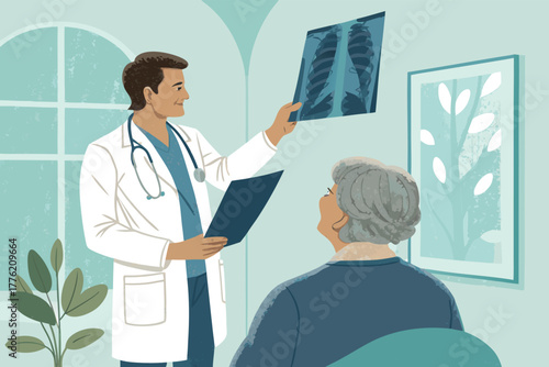 A focused doctor kindly explains medical results to a concerned patient in a modern consultation room, fostering trust and understanding.