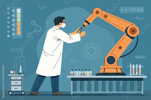 Scientist calibrating robotic lab arm for precision.