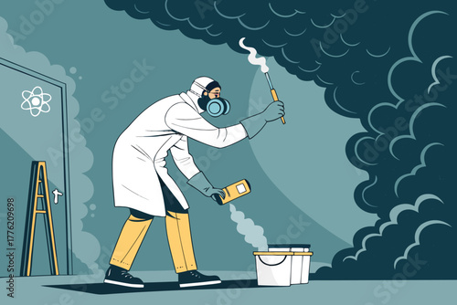 Scientist collecting smoke sample from sealed chamber.