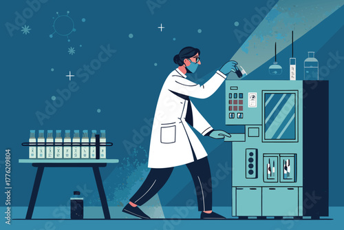 Scientist controlling robotic pipette dispenser.