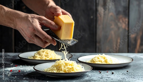 A person grating cheese over plates, showing hands, cheese block, and grated cheese