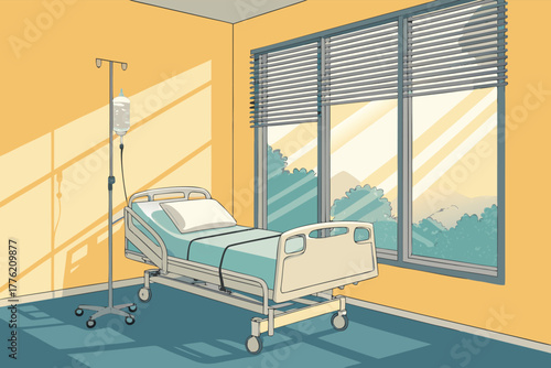 Tranquil hospital room, sunlight streams through Venetian blinds, casting warm stripes across the floor near an IV drip stand.