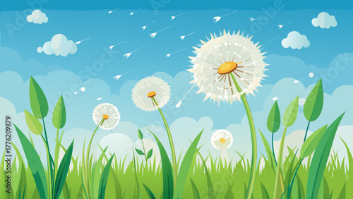 Vector illustration of a serene spring background featuring white dandelions releasing seeds into the air above fresh green grass under a soft pastel blue sky