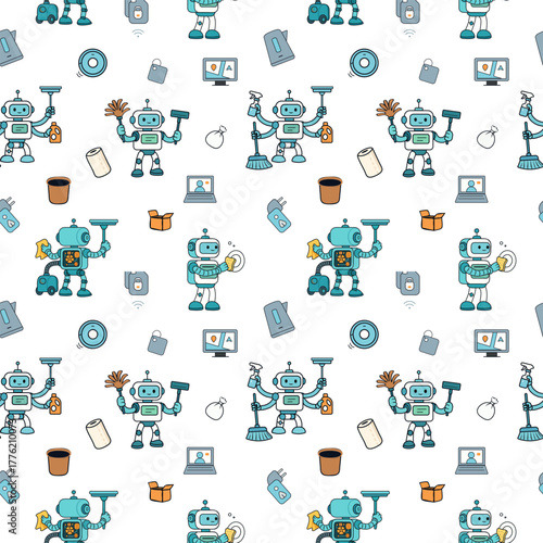 Seamless vector pattern with cute cleaning robots and household items on white background.