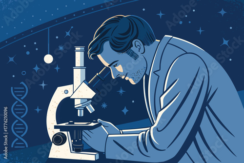 Scientist studies metal alloy microstructure under microscope.