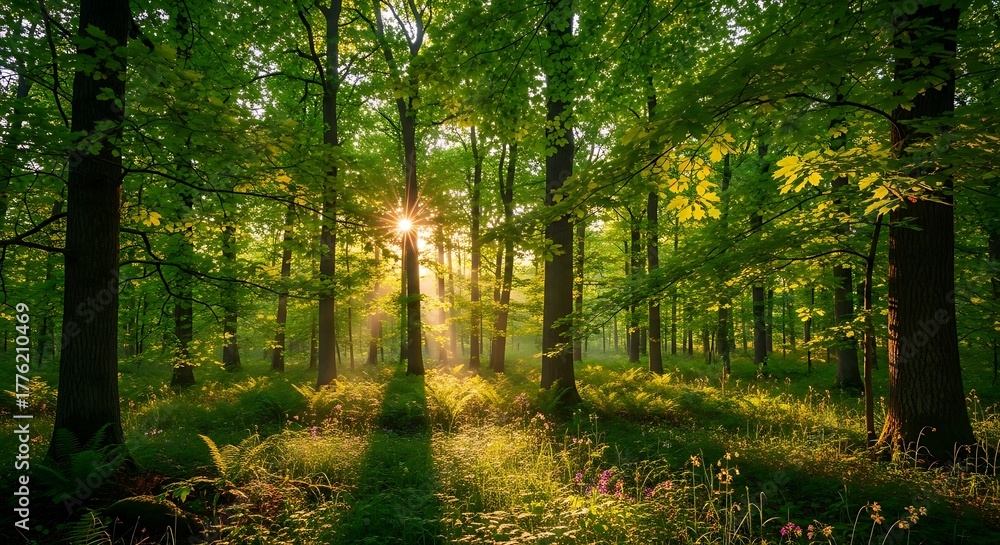 Naklejka premium Golden sunlight piercing through the dense canopy of a lush green forest, creating stunning light rays and long shadows on the tranquil woodland floor, evoking a serene natural beauty