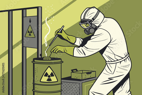 Scientist using tongs to handle a radioactive sample.