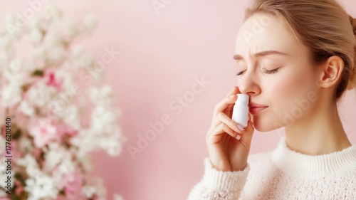 Woman using nasal spray in spring blossom setting with gentle breeze