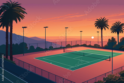 Professional tennis court, golden hour sunset, intense match, shadows lengthen, players in action, dramatic lighting, vibrant court.