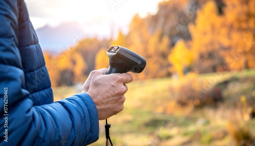 A person holds a handheld scanner in a scenic outdoor environment with mountains and autumn foliage