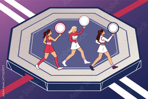 Professional ring girls in skimpy outfits, displaying round cards inside a vibrant, electrifying MMA octagon, cameras flashing, audience roaring, preparing for a championship fight.